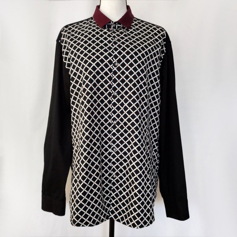 Moderno Black and White Grid Print Casual Button Down Shirt